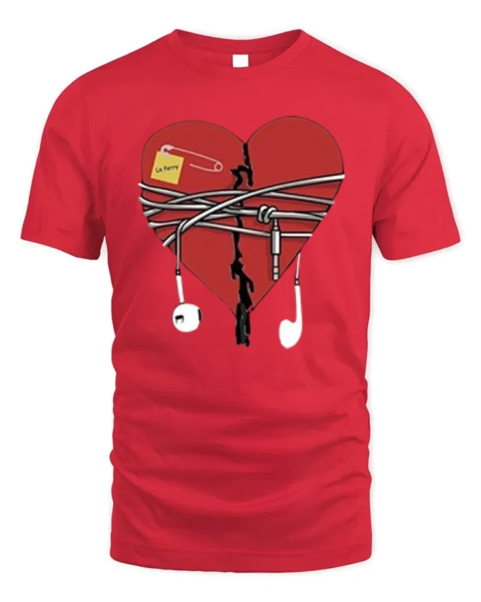 Broken Heart Music T-Shirt with Earphones and Notes - red t-shirt on white background