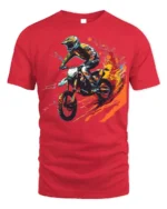Extreme Dirt Bike Rider T-Shirt with Fire Trail Design - red t-shirt on white background