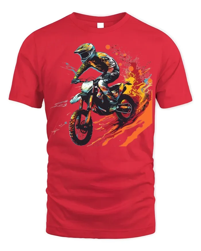 Extreme Dirt Bike Rider T-Shirt with Fire Trail Design - red t-shirt on white background
