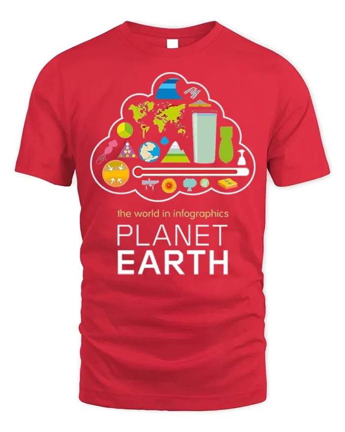 Planet Earth Infographics T-Shirt for Science Lovers - red t-shirt on white background