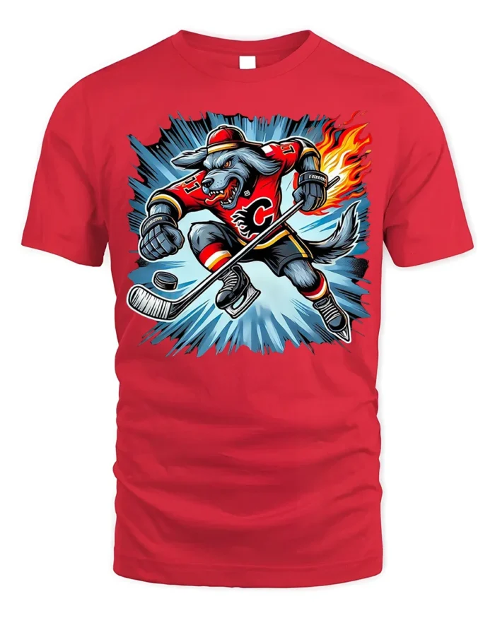 Fire Hockey Wolf T-Shirt Fierce Sports Mascot Tee - red t-shirt on white background