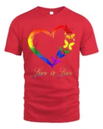 Love is Love Rainbow Heart Pride T-Shirt with Butterflies - red t-shirt on white background