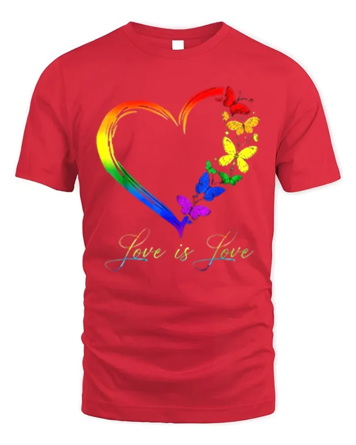 Love is Love Rainbow Heart Pride T-Shirt with Butterflies - red t-shirt on white background