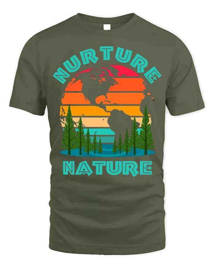 Nurture Nature Eco Graphic T-Shirt for Nature Lovers - military green t-shirt on white background