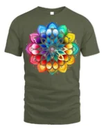 Vibrant Mandala Rainbow Lotus Graphic T-Shirt - military green t-shirt on white background