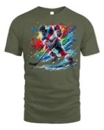 Ice Hockey Splash Art T-Shirt Cool Sports Cotton Tee - military green t-shirt on white background