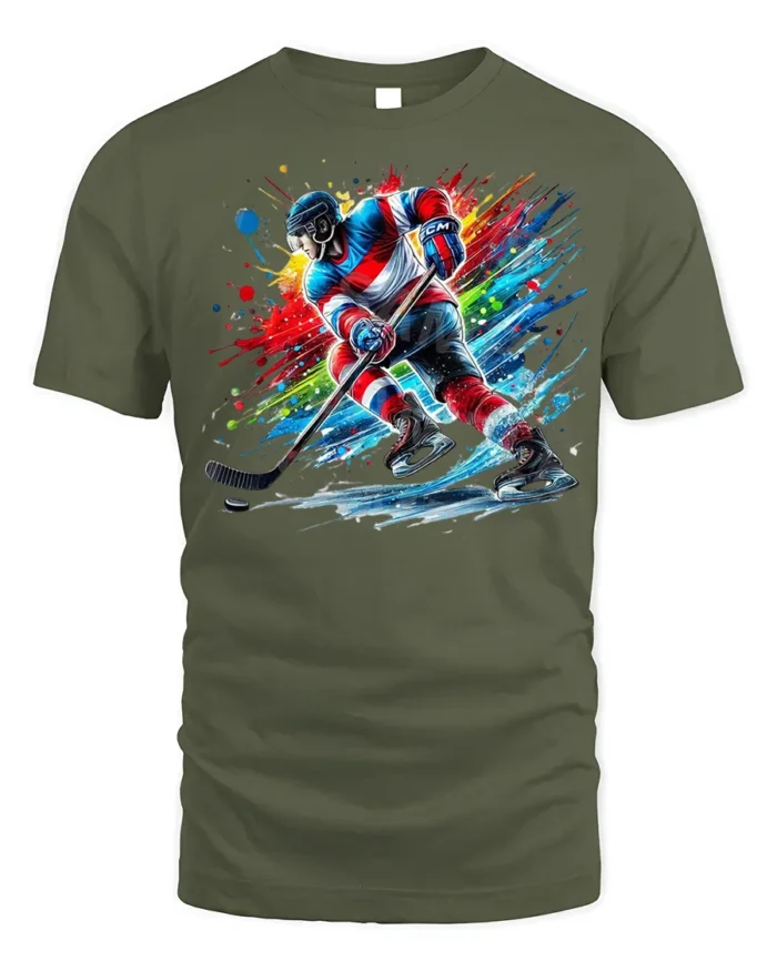 Ice Hockey Splash Art T-Shirt Cool Sports Cotton Tee - military green t-shirt on white background