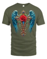 Gothic Rose Cross T-Shirt with Wings Spiritual Tee - military green t-shirt on white background