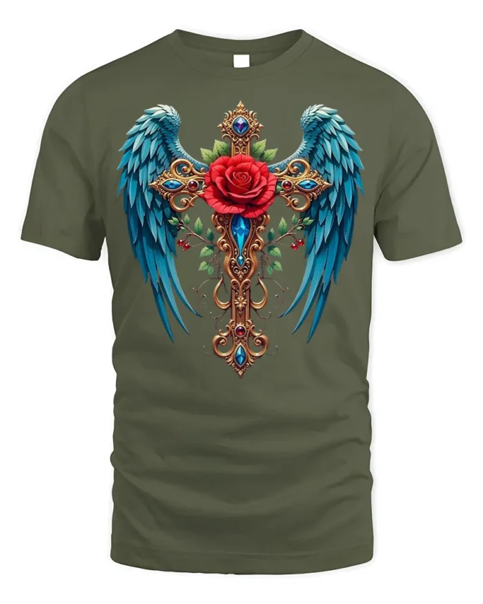 Gothic Rose Cross T-Shirt with Wings Spiritual Tee - military green t-shirt on white background