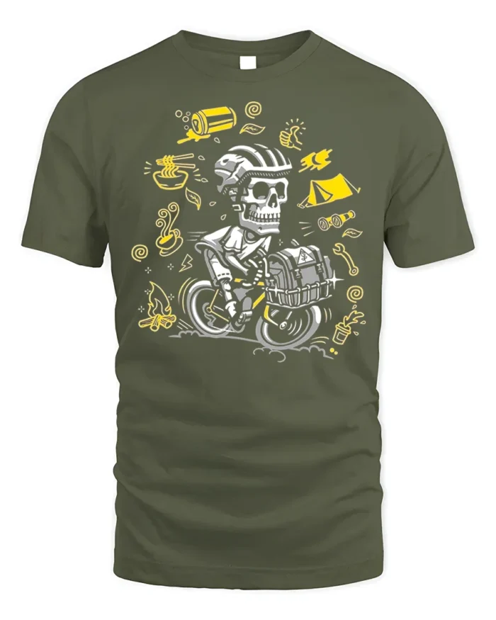 Skull Biker Camping T-Shirt Adventure Cycling - military green t-shirt on white background