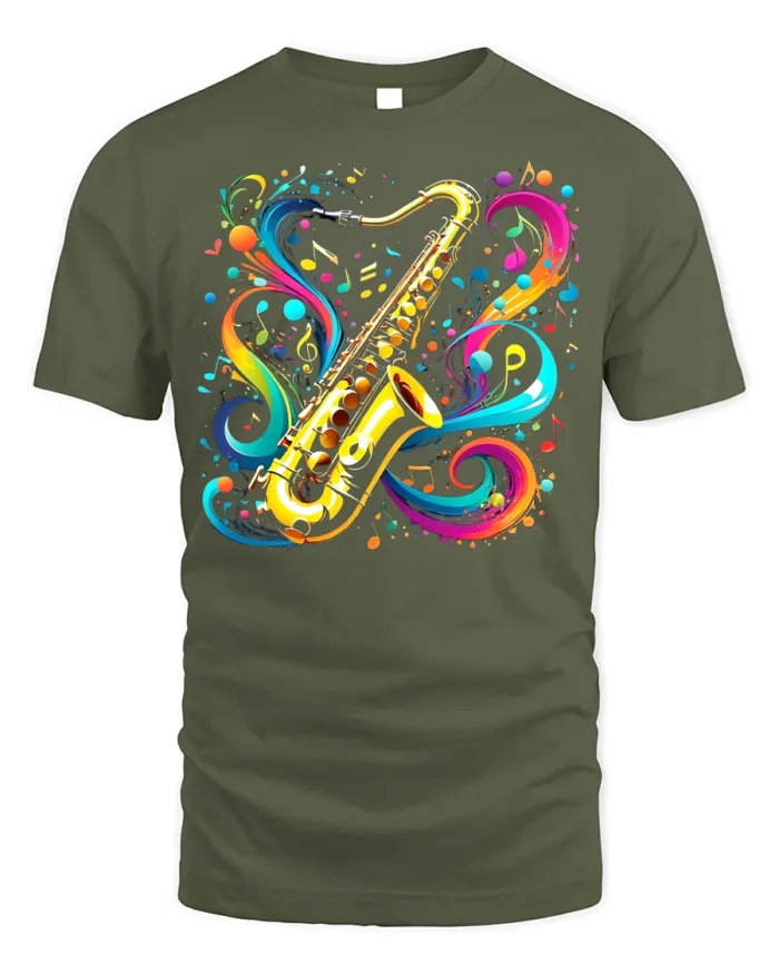 Colorful Saxophone Music T-Shirt Artistic Jazz - military green t-shirt on white background
