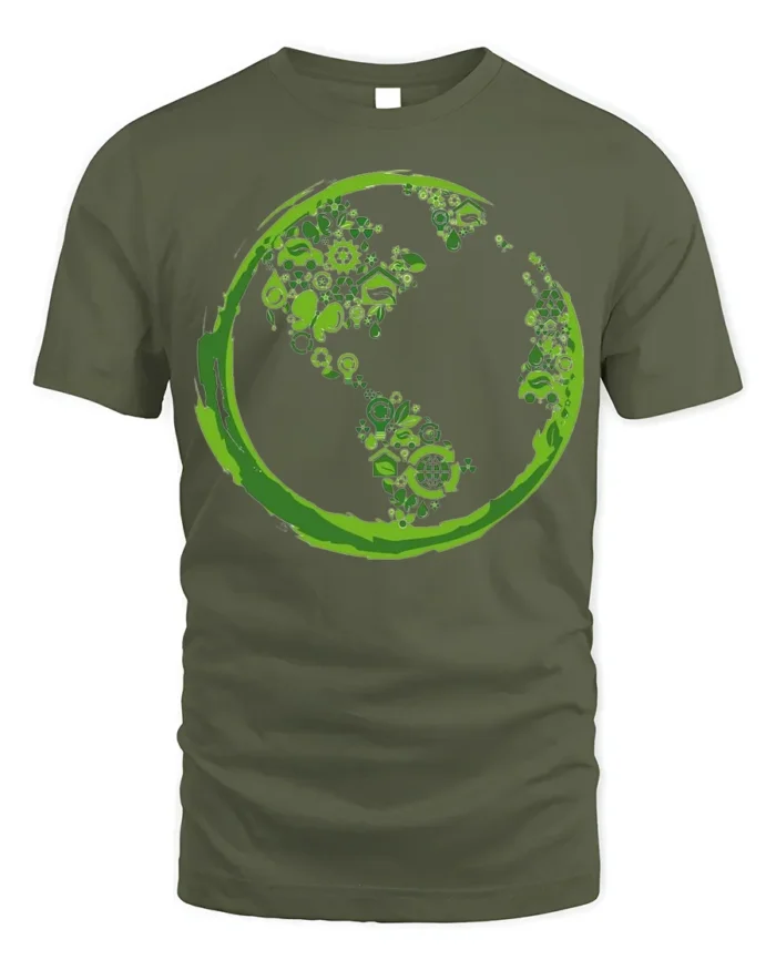 Eco Earth Green Energy Symbols T-Shirt for Nature Lovers - military green t-shirt on white background