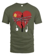 Broken Heart Music T-Shirt with Earphones and Notes - military green t-shirt on white background