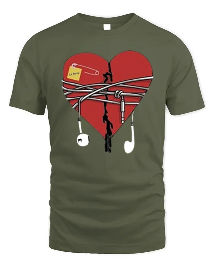 Broken Heart Music T-Shirt with Earphones and Notes - military green t-shirt on white background