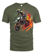 Extreme Dirt Bike Rider T-Shirt with Fire Trail Design - military green t-shirt on white background