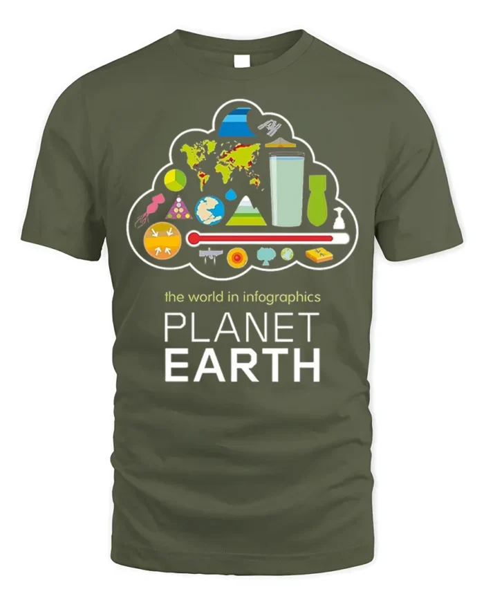Planet Earth Infographics T-Shirt for Science Lovers - military green t-shirt on white background