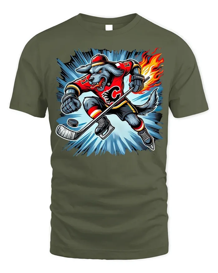 Fire Hockey Wolf T-Shirt Fierce Sports Mascot Tee - military green t-shirt on white background