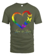 Love is Love Rainbow Heart Pride T-Shirt with Butterflies - military green t-shirt on white background
