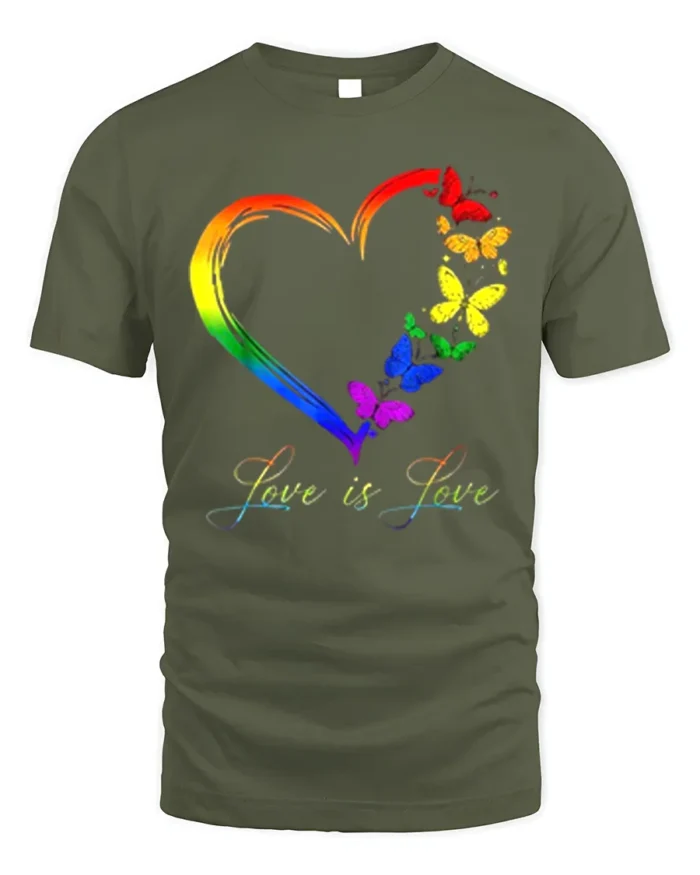 Love is Love Rainbow Heart Pride T-Shirt with Butterflies - military green t-shirt on white background