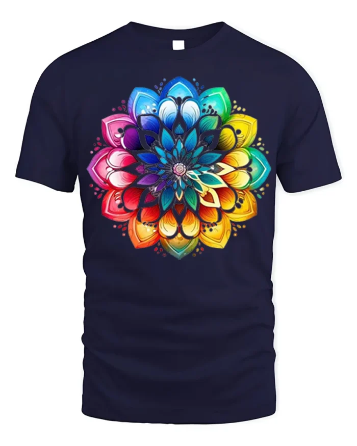 Vibrant Mandala Rainbow Lotus Graphic T-Shirt - navy t-shirt on white background