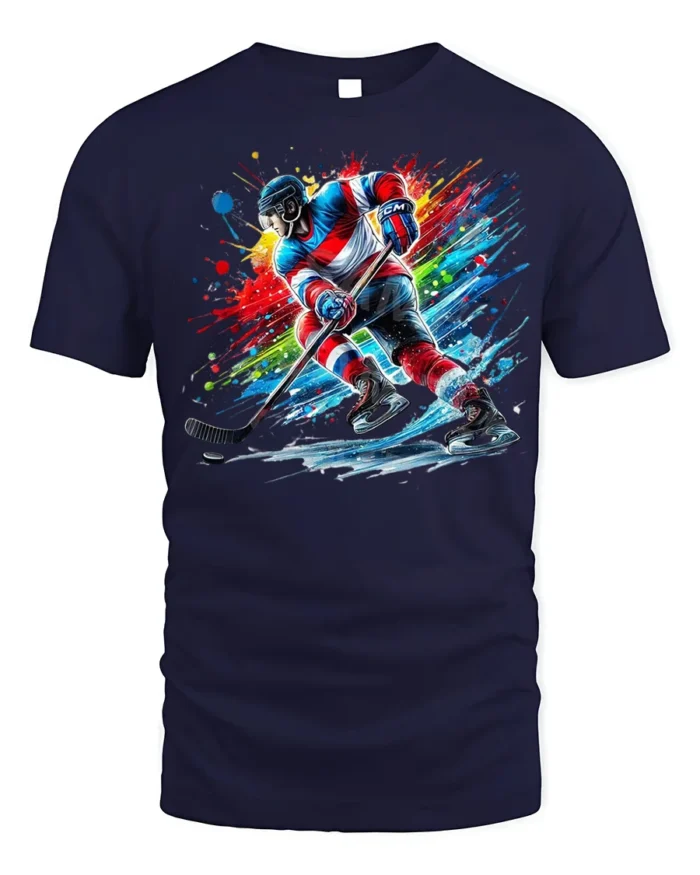 Ice Hockey Splash Art T-Shirt Cool Sports Cotton Tee - navy t-shirt on white background