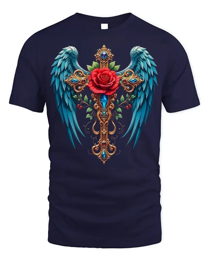 Gothic Rose Cross T-Shirt with Wings Spiritual Tee - navy t-shirt on white background