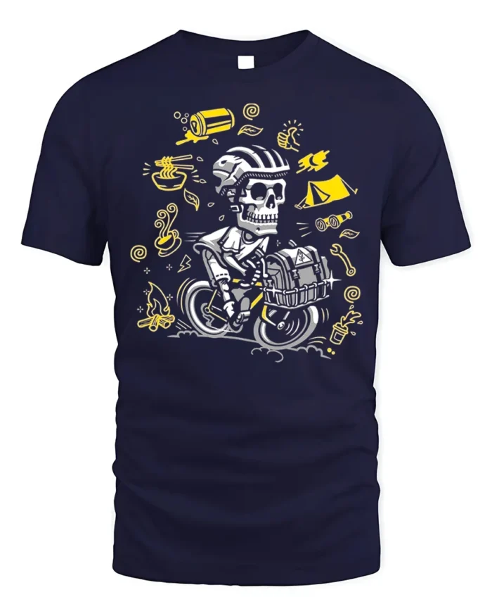 Skull Biker Camping T-Shirt Adventure Cycling - navy t-shirt on white background