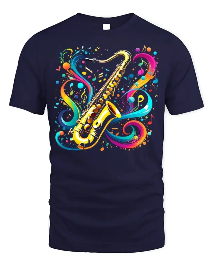 Colorful Saxophone Music T-Shirt Artistic Jazz - navy t-shirt on white background