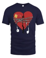 Broken Heart Music T-Shirt with Earphones and Notes - navy t-shirt on white background