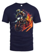 Extreme Dirt Bike Rider T-Shirt with Fire Trail Design - navy t-shirt on white background