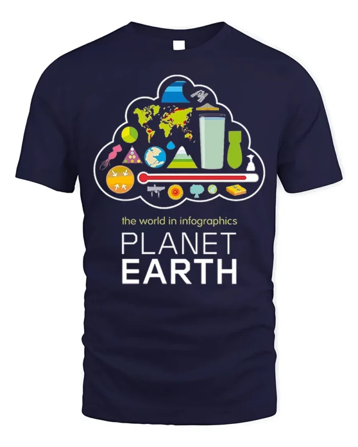 Planet Earth Infographics T-Shirt for Science Lovers - navy t-shirt on white background