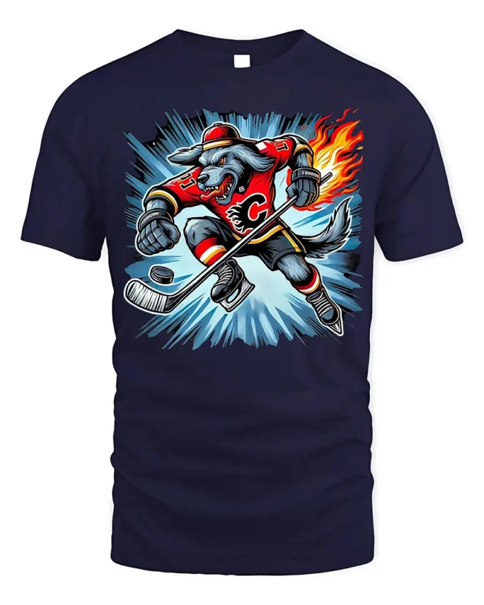 Fire Hockey Wolf T-Shirt Fierce Sports Mascot Tee - navy t-shirt on white background