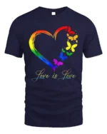 Love is Love Rainbow Heart Pride T-Shirt with Butterflies - navy t-shirt on white background