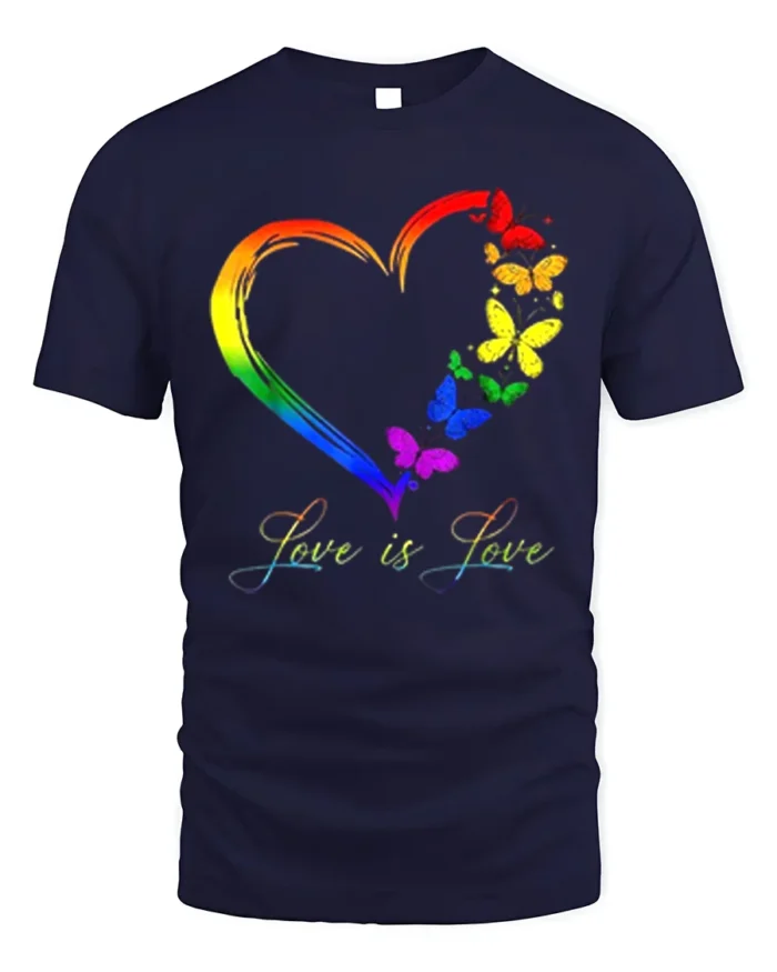 Love is Love Rainbow Heart Pride T-Shirt with Butterflies - navy t-shirt on white background