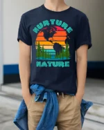 Nurture Nature Eco Graphic T-Shirt for Nature Lovers - model wearing navy shirt, hands in pockets