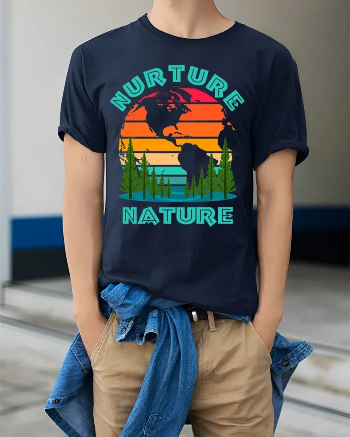 Nurture Nature Eco Graphic T-Shirt for Nature Lovers - model wearing navy shirt, hands in pockets