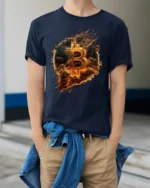 Bitcoin Fire Logo Crypto T-Shirt for Blockchain Lovers - model wearing navy shirt, hands in pockets
