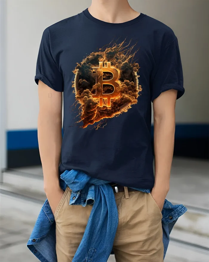 Bitcoin Fire Logo Crypto T-Shirt for Blockchain Lovers - model wearing navy shirt, hands in pockets