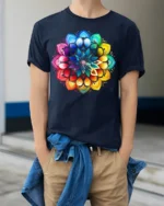 Vibrant Mandala Rainbow Lotus Graphic T-Shirt - model wearing navy shirt, hands in pockets