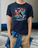 Ice Hockey Splash Art T-Shirt Cool Sports Cotton Tee - model wearing navy shirt, hands in pockets