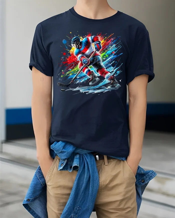Ice Hockey Splash Art T-Shirt Cool Sports Cotton Tee - model wearing navy shirt, hands in pockets