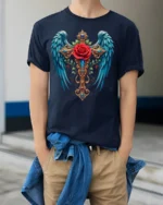 Gothic Rose Cross T-Shirt with Wings Spiritual Tee - model wearing navy shirt, hands in pockets