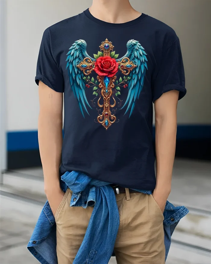 Gothic Rose Cross T-Shirt with Wings Spiritual Tee - model wearing navy shirt, hands in pockets