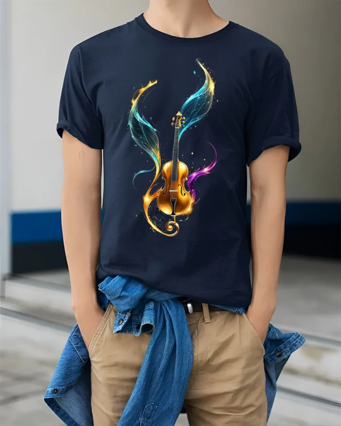 Violin with Colorful Wings T-Shirt Music Lovers - model wearing navy shirt, hands in pockets