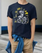 Skull Biker Camping T-Shirt Adventure Cycling - model wearing navy shirt, hands in pockets