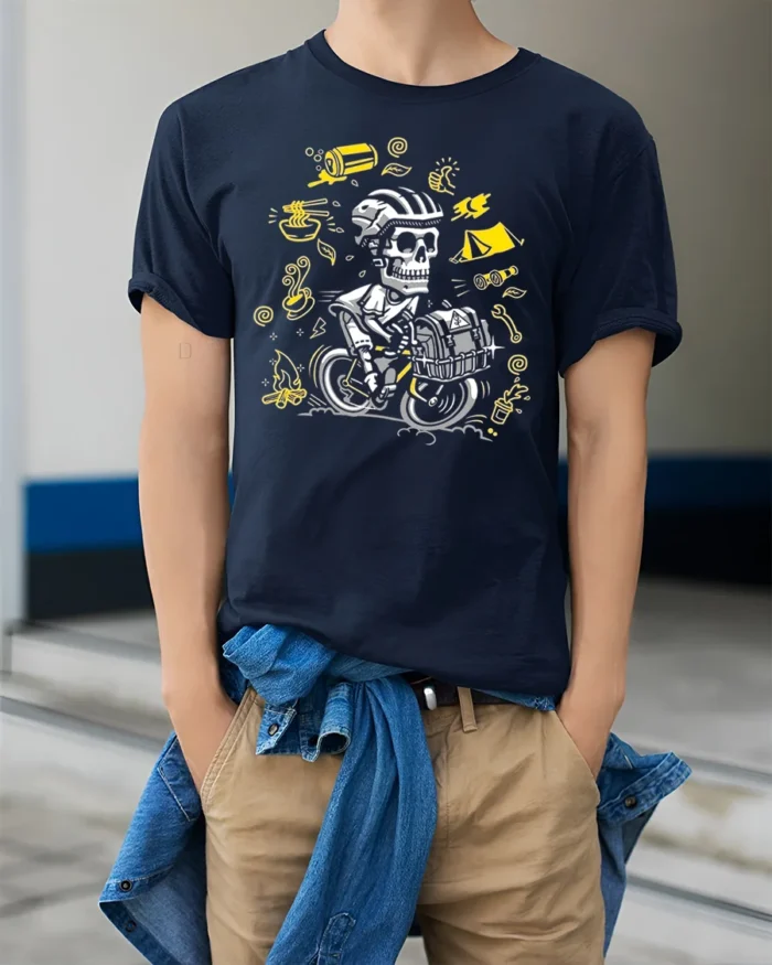 Skull Biker Camping T-Shirt Adventure Cycling - model wearing navy shirt, hands in pockets