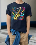 Colorful Saxophone Music T-Shirt Artistic Jazz - model wearing navy shirt, hands in pockets