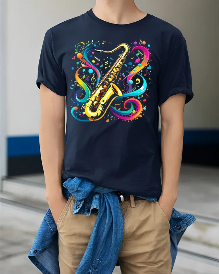 Colorful Saxophone Music T-Shirt Artistic Jazz - model wearing navy shirt, hands in pockets