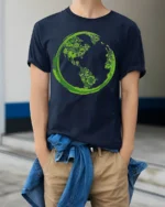 Eco Earth Green Energy Symbols T-Shirt for Nature Lovers - model wearing navy shirt, hands in pockets