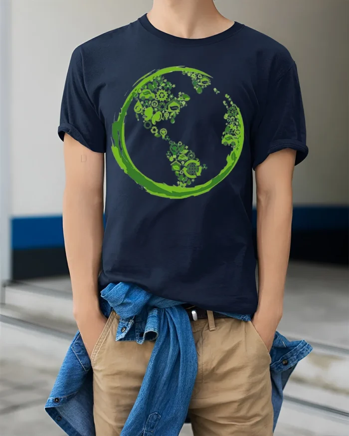 Eco Earth Green Energy Symbols T-Shirt for Nature Lovers - model wearing navy shirt, hands in pockets
